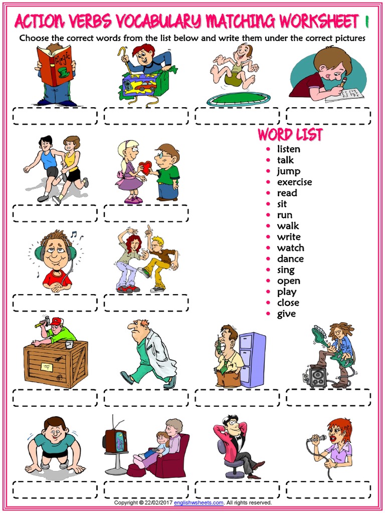Action Verbs Vocabulary Esl Matching Exercise Worksheets For Kids | PDF