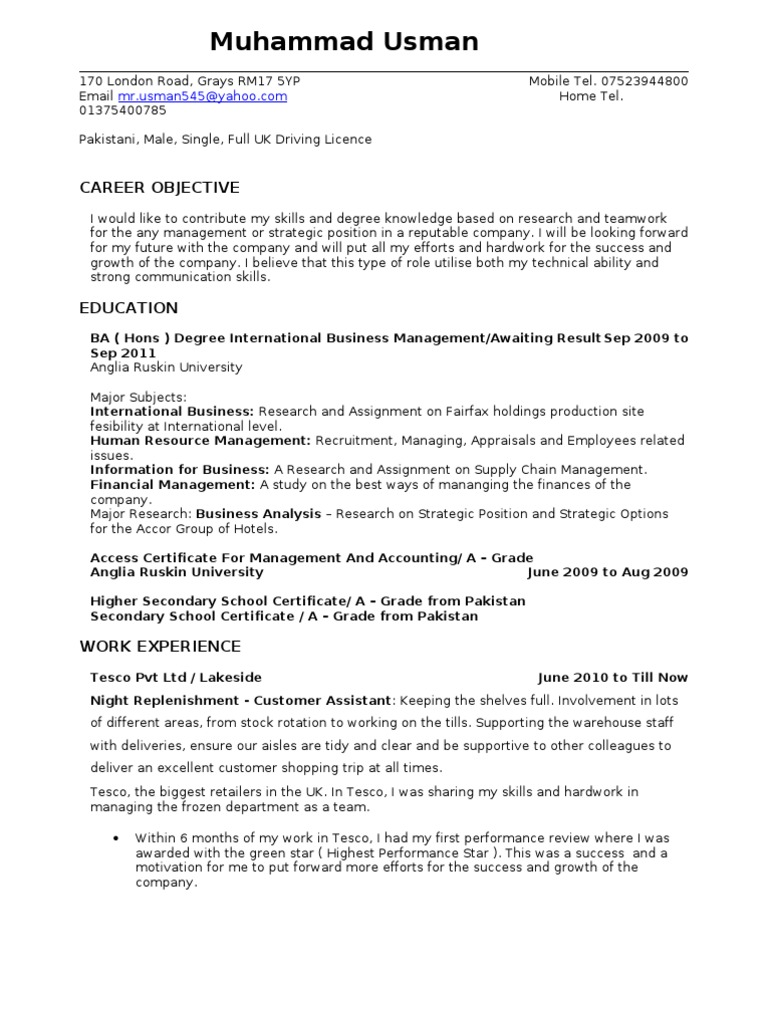 usman-graduate-cv-tesco-chef