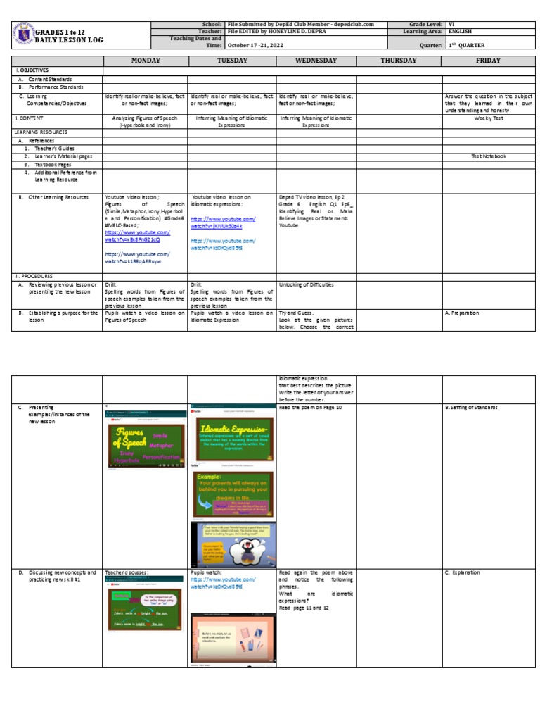 Grade 6 English Daily Lesson Log | PDF | Idiom | Learning