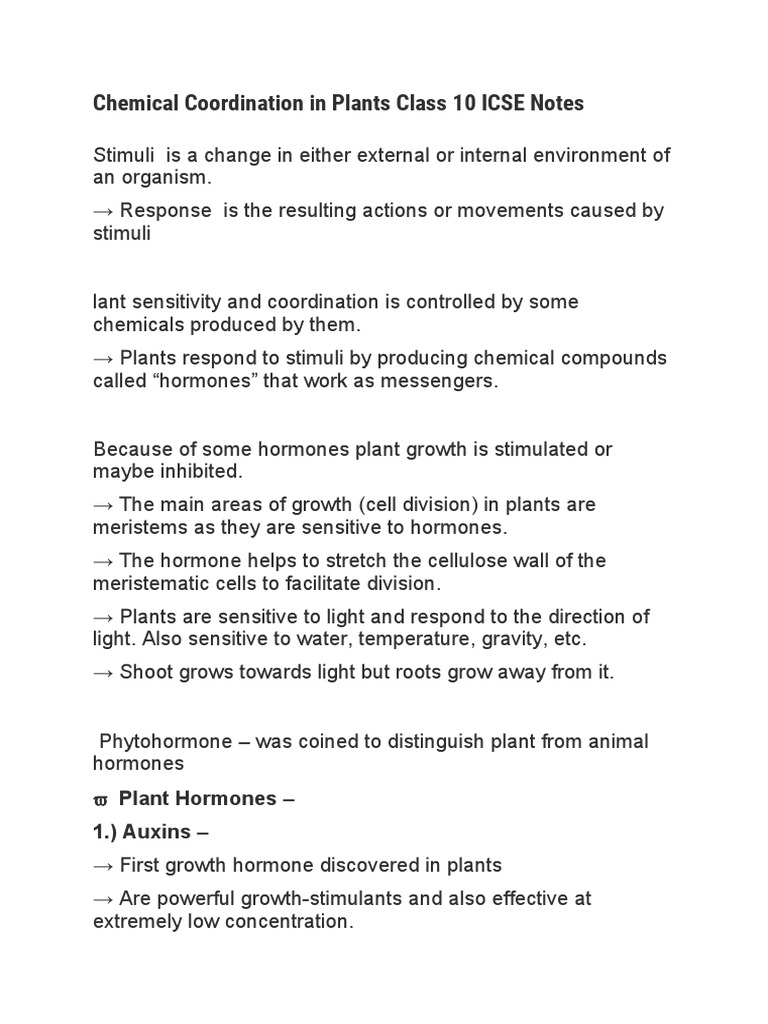 Chemical Coordination in Plants Notes | PDF | Plant Hormone | Auxin