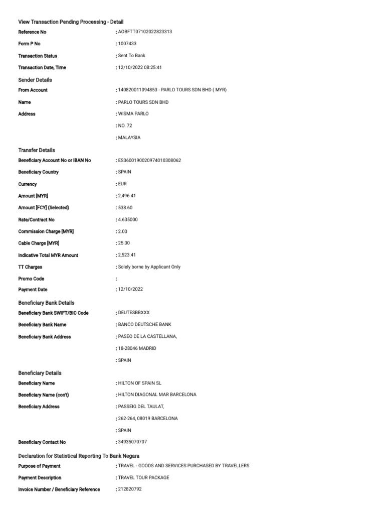 Payment of 538 60 eur to hilton diagonal mar barcelona for travel tour