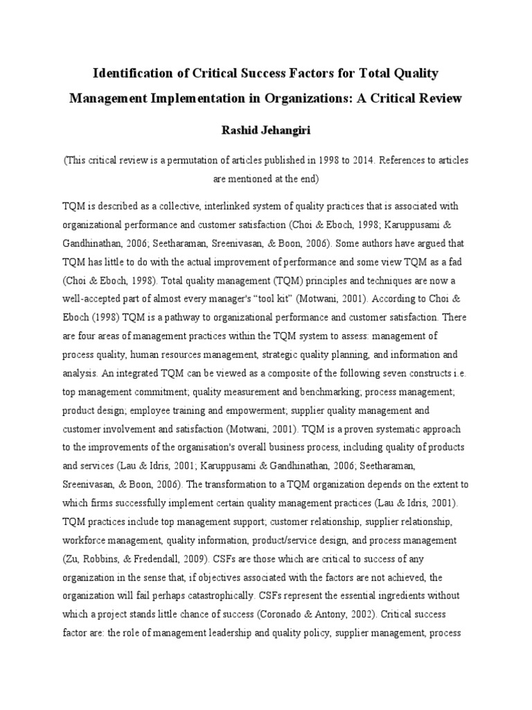 Identification of Critical Success Factors For Total Quality Management ...