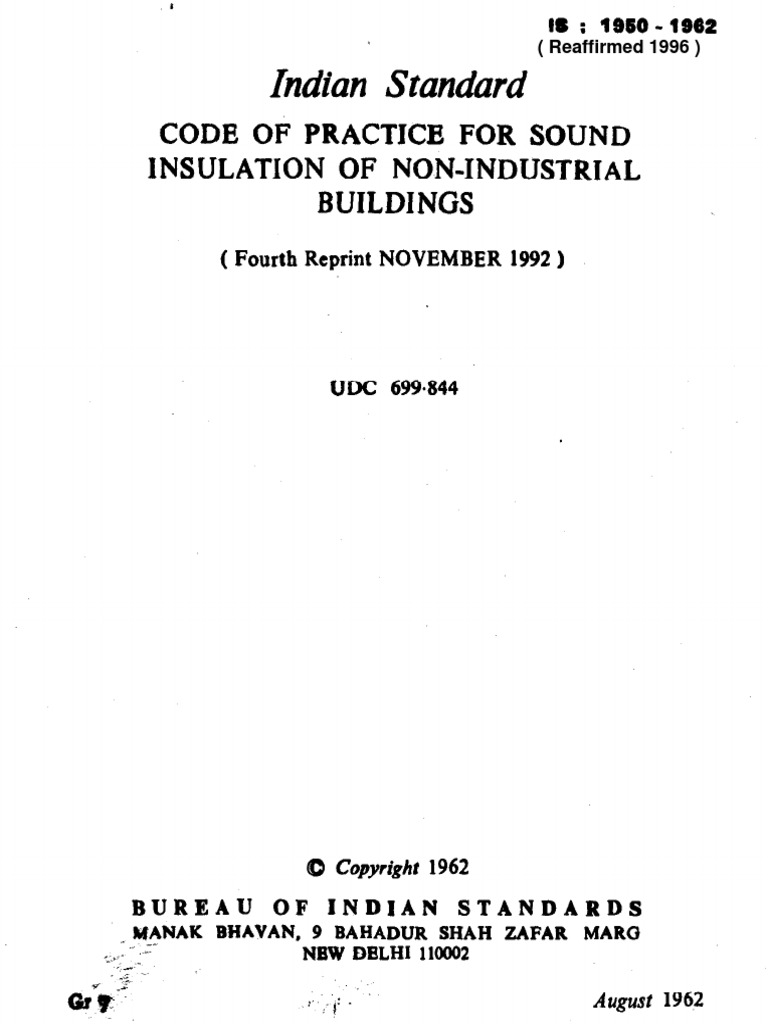Indian standard code of practice for sound i insulation of non