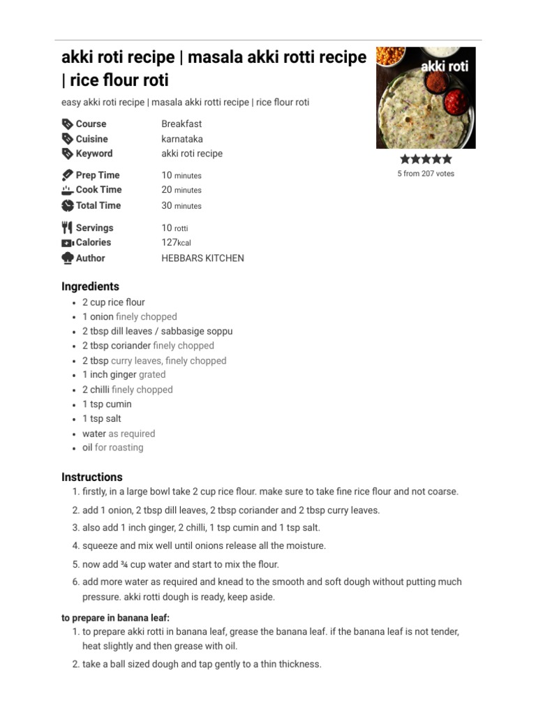 Akki Roti Recipe Masala Akki Rotti Recipe Rice Flour Roti Hebbar's Kitchen PDF