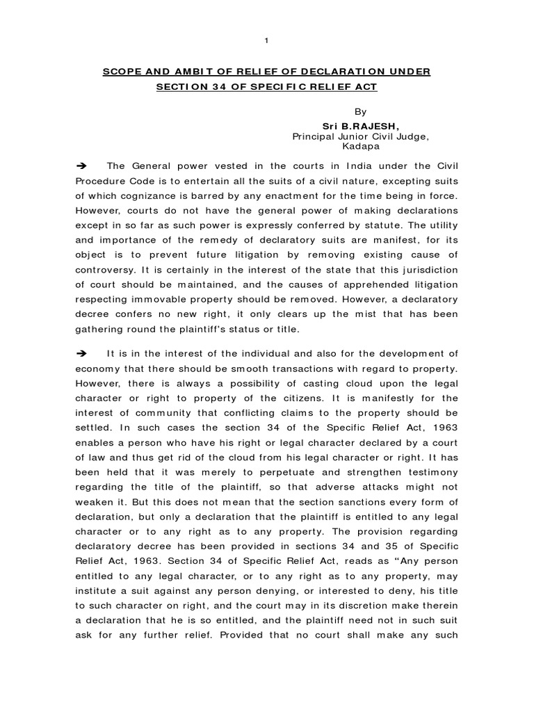 1-SCOPE AND AMBIT OF RELIEF OF DECLARATION - by Sri B Rajesh | PDF ...