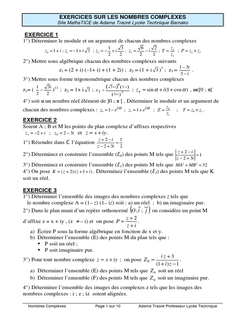 Exercices sur les Nombres Complexes | PDF | Nombre complexe | Racine carrée
