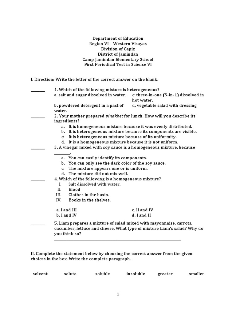 SCience Questionnaire 2 PDF Mixture Chemistry