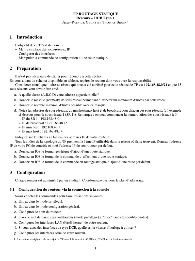 TP sur le Routage Statique Cisco | PDF | Adresse IP | Routage