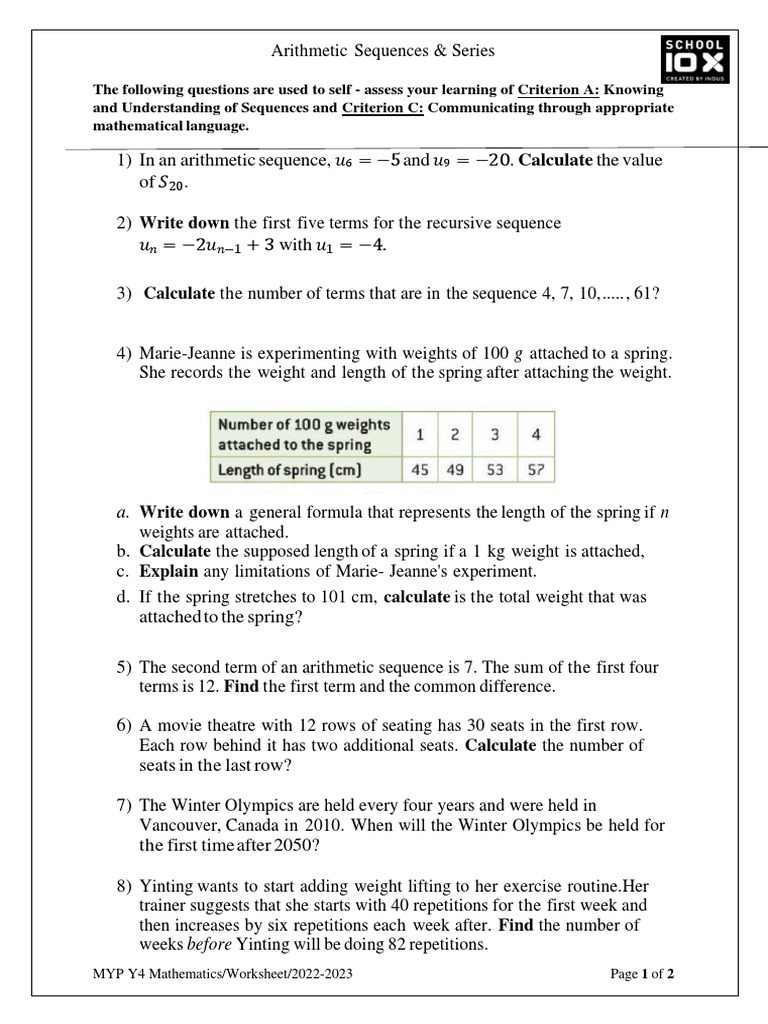 Arithmetics Sequences& Series - WS 1 | PDF