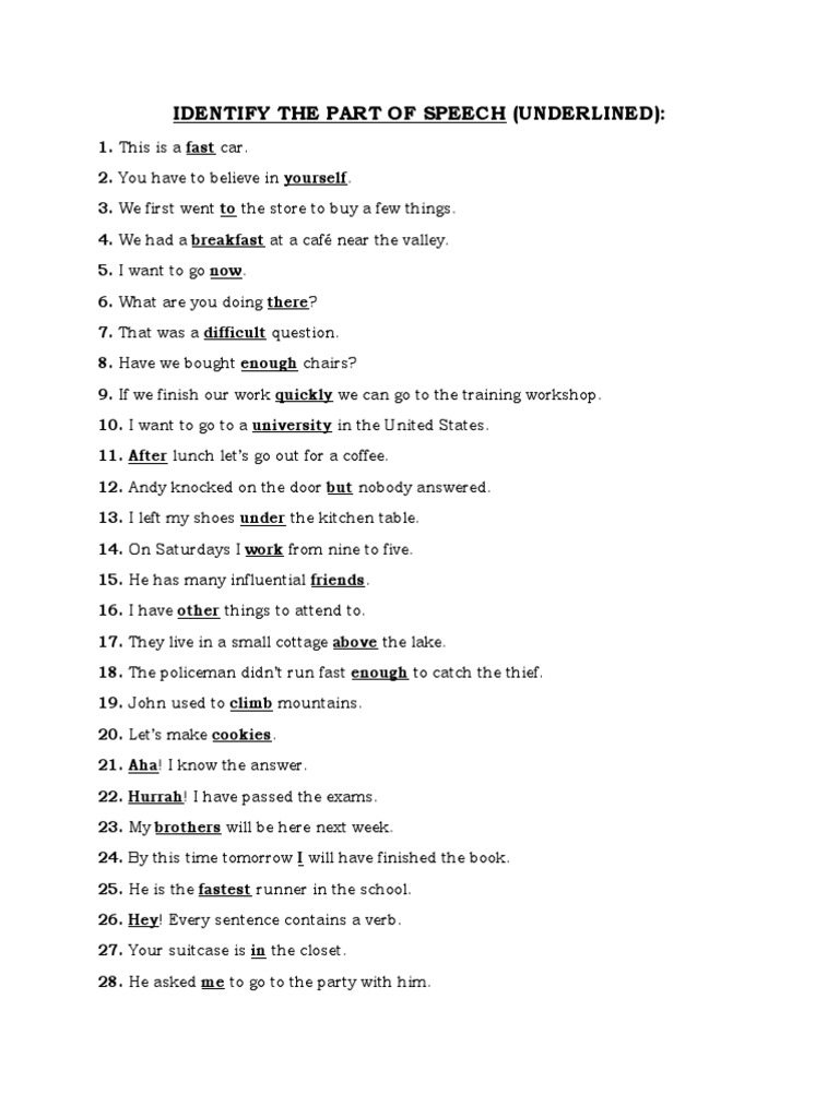 8 Parts of Speech Exercise 1.1 PDF