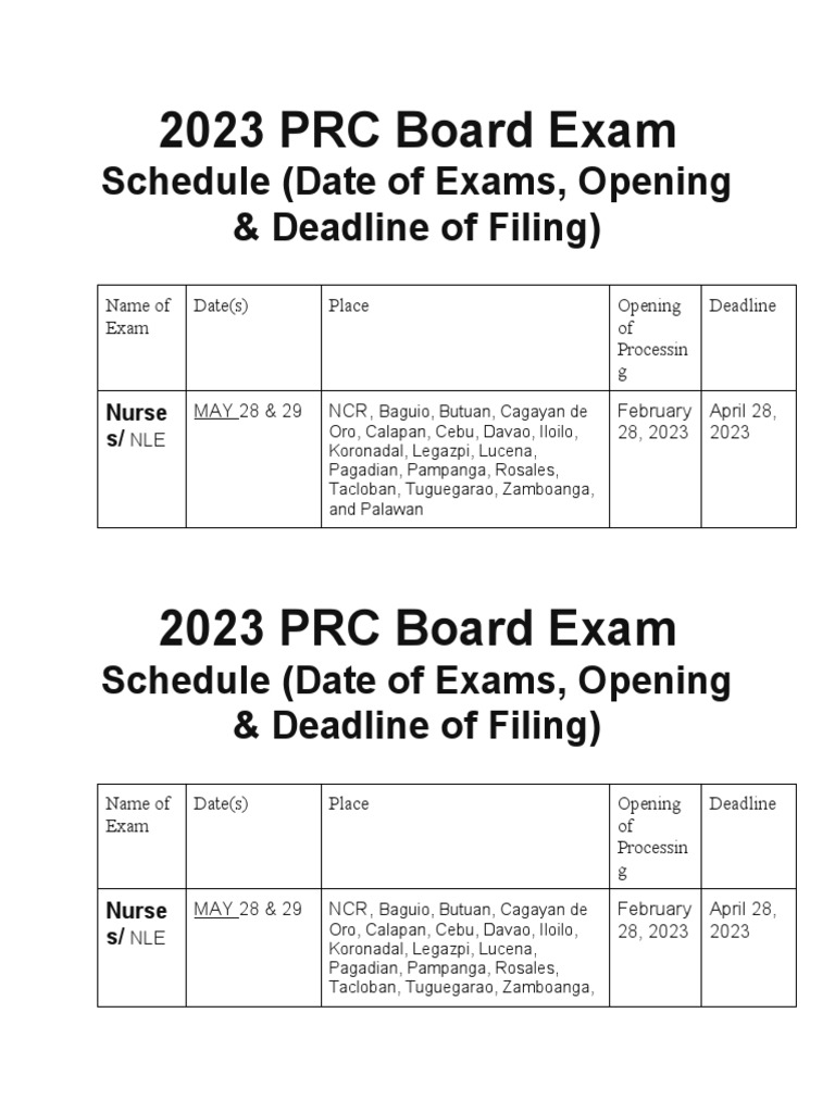 2023 PRC Board Exam Schedule PDF