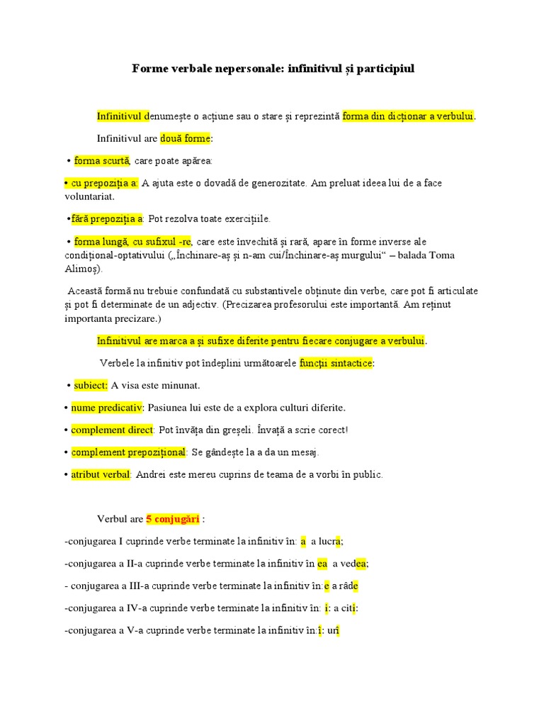 Lecție LRO-26 Noiembrie 2020 - Forme Verbale Nepersonale Infinitivul Și ...