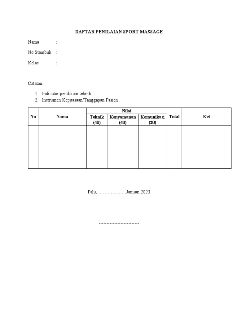Daftar Penilaian Sport Massage PDF