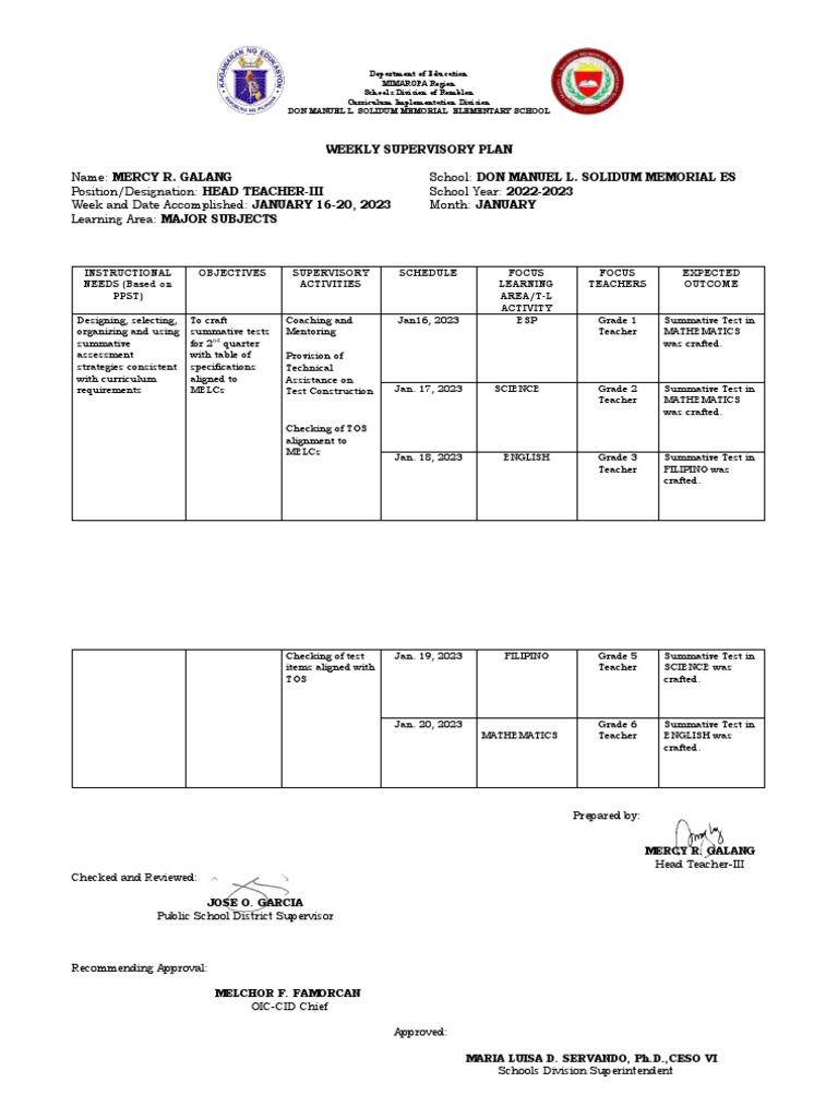 Weekly Supervisory Plan for Summative Assessments | PDF | Curriculum ...