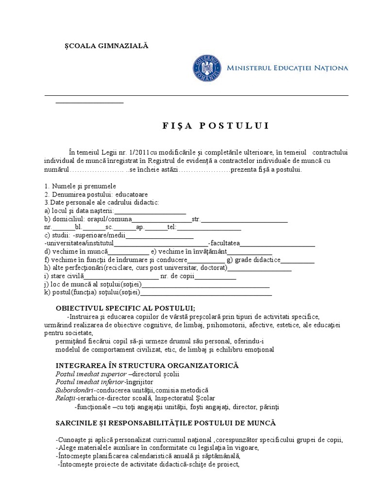 Fisa Post Educator PDF