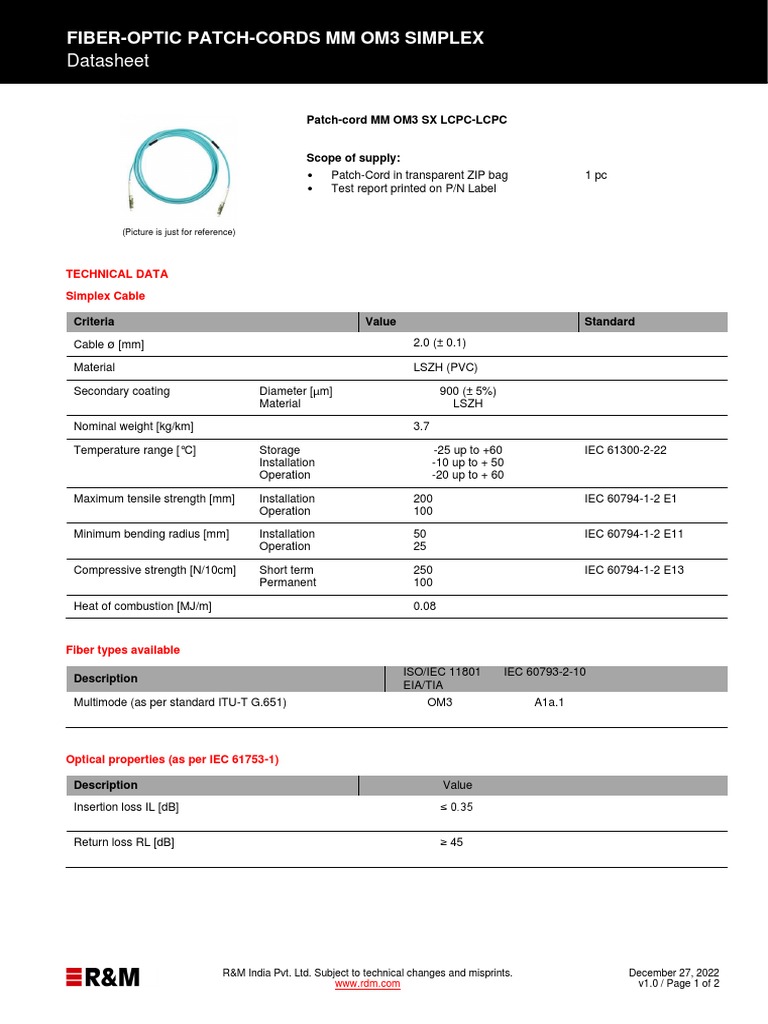 LCPC OM3 Simplex Patch Cord Datasheet | PDF | Optical Fiber ...