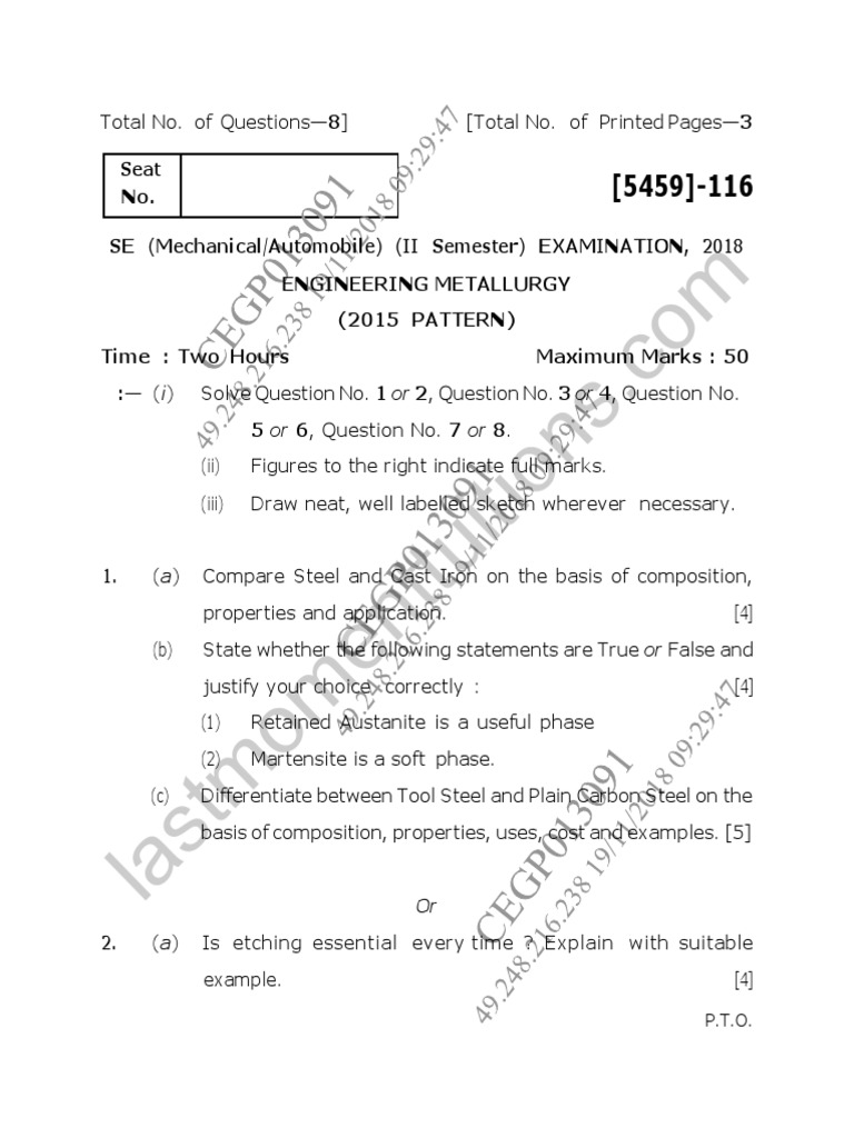 Semester 4 2018 November Engineering Metallurgy Em Pattern 2015