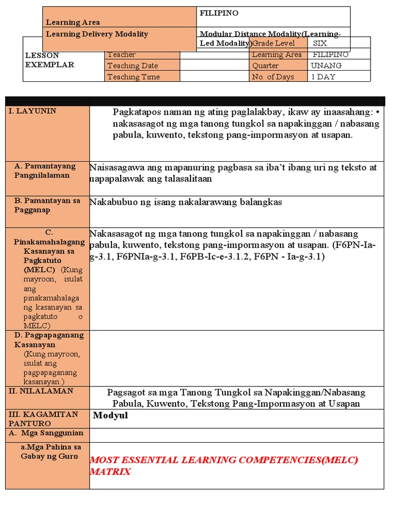 IDEA-EXEMPLAR FILIPINO 6 q1 w1 | PDF