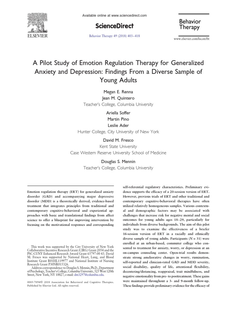 A Pilot Study of Emotion Regulation Therapy For Generalized | PDF ...