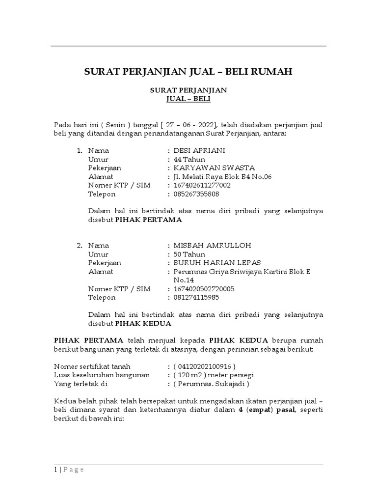 Perjanjian Jual Beli Rumah 2022 | PDF