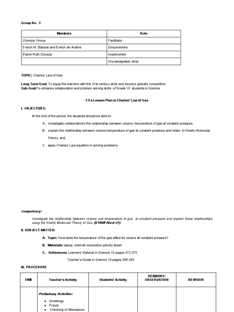 Charles' Law Lesson Plan for Grade 10 | PDF | Gases | Temperature