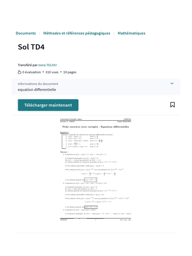 Sol TD4 - PDF - Équations Différentielles - Calcul Différentiel | PDF ...
