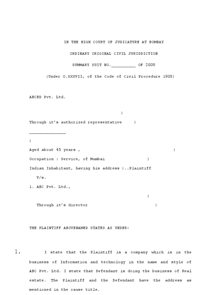 Draft Summary Suit PDF Rupee Lawsuit