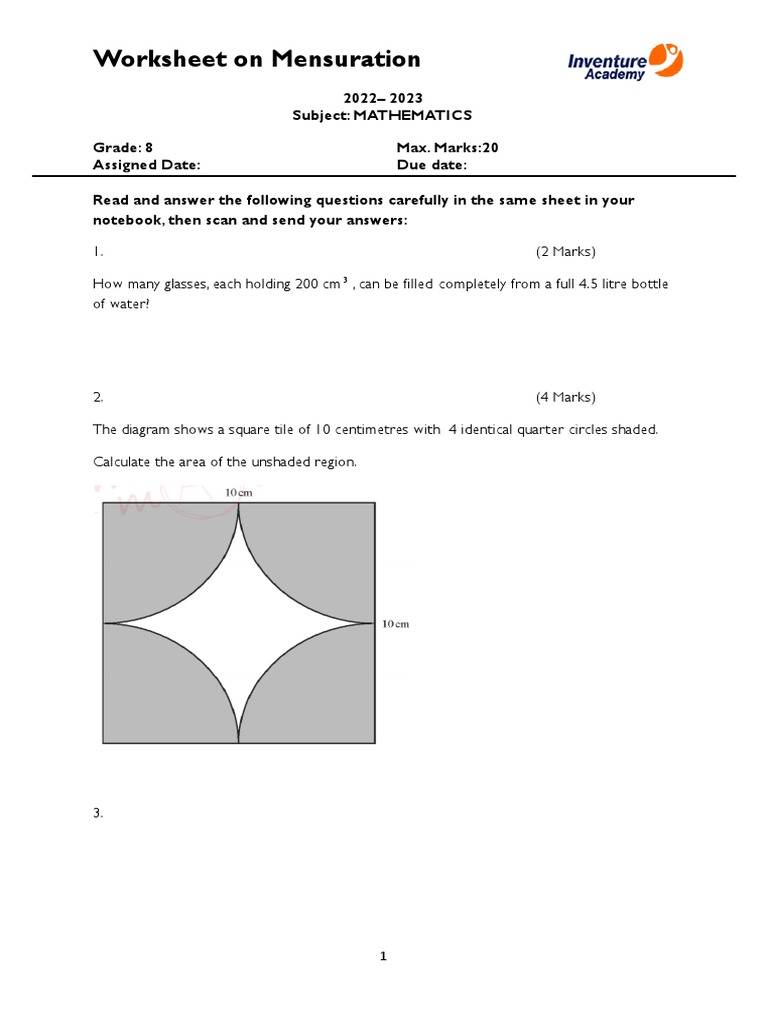 Worksheet On Mensuration | PDF