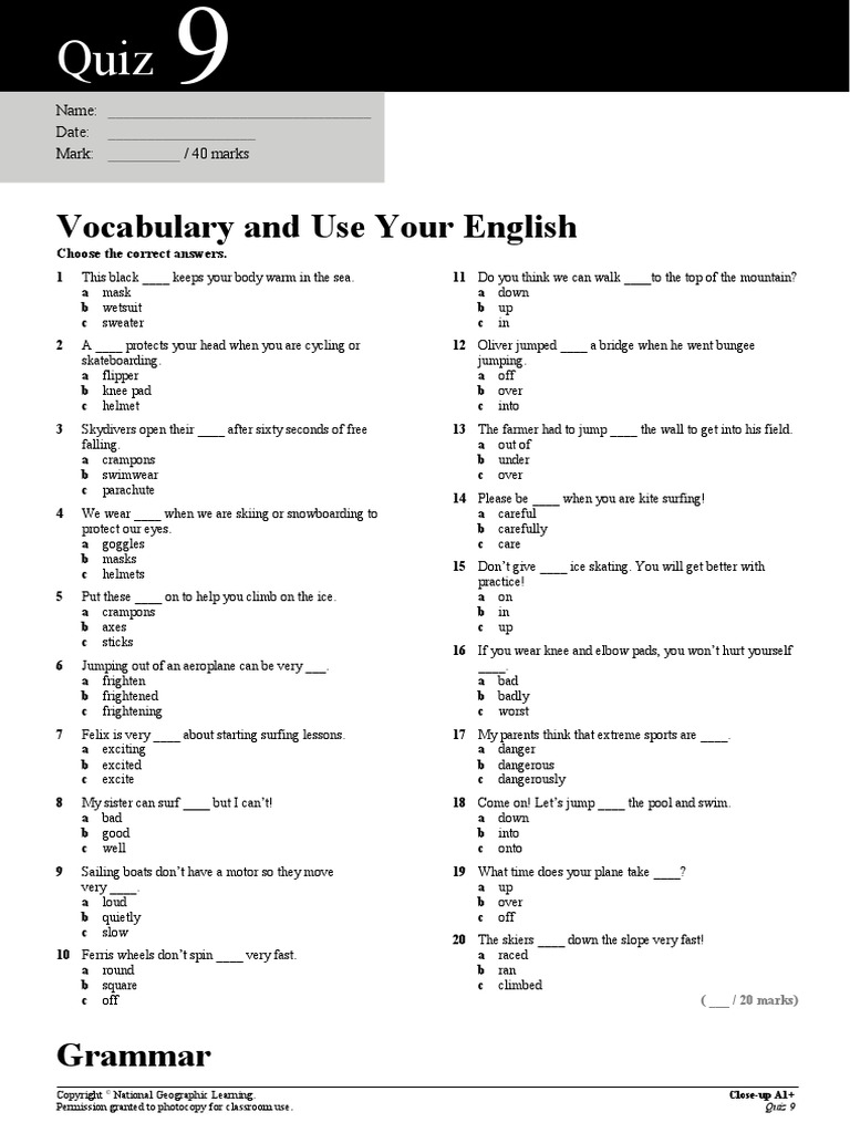 A1+ Quiz 9 PDF Sports Individual Sports
