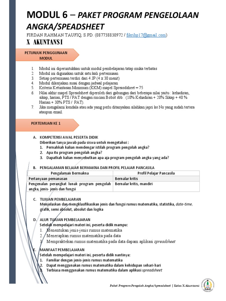 Modul Pembelajaran Spreadsheet Kelas X | PDF