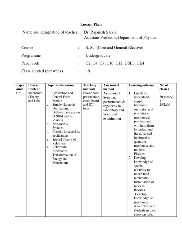 Class 10 Physics Lesson Plan Overview | PDF | Schrödinger Equation ...