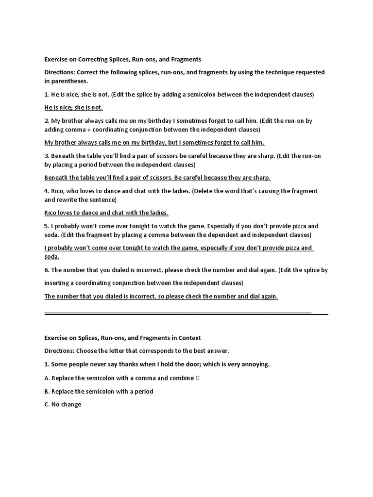 Correcting Splices and Fragments Exercise | PDF | Semiotics | Punctuation