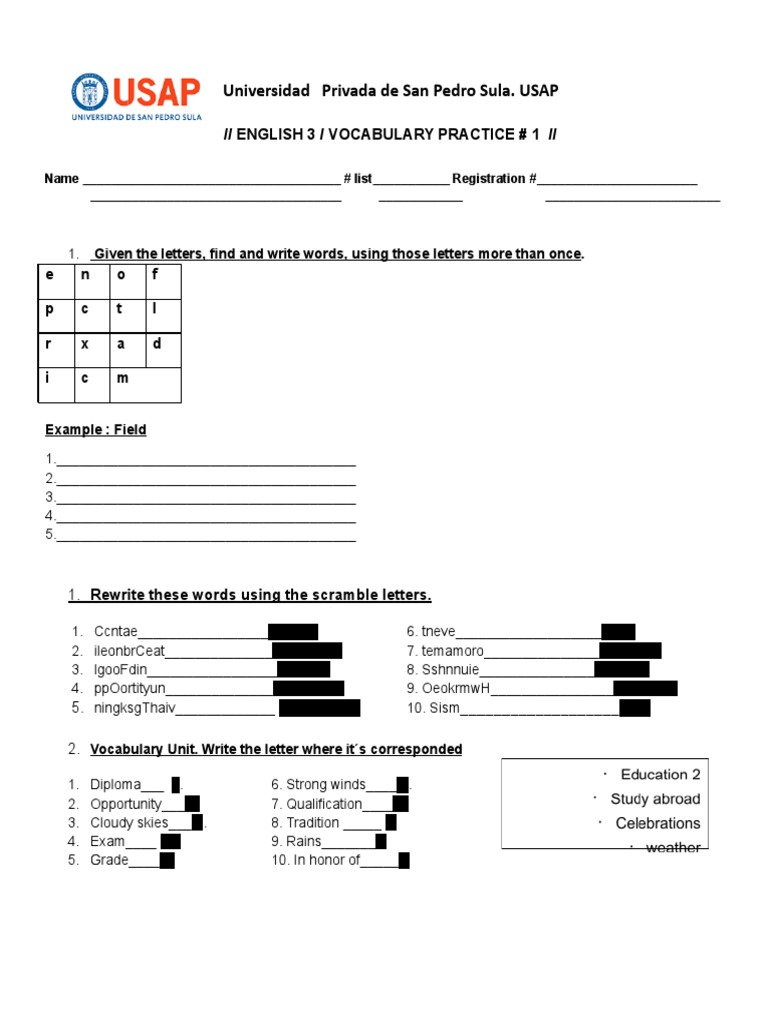 Vocabulary Practice for English 3 | PDF | Foreign Language Studies