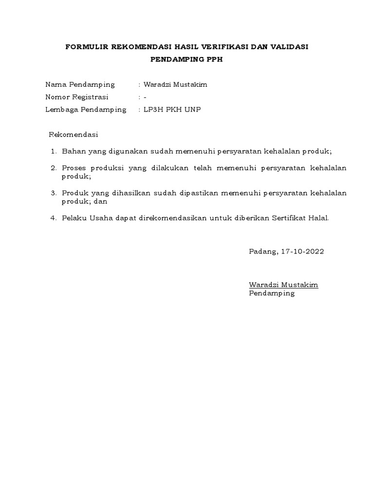 Waradzi Mustakim - Formulir Rekomendasi Hasil Verifikasi Dan Validasi ...