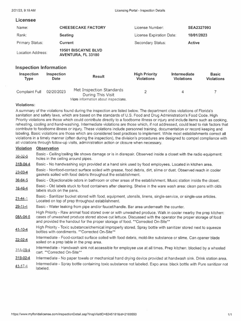 Aventura Mall Inspection Cheesecake Factory PDF Foodborne Illness