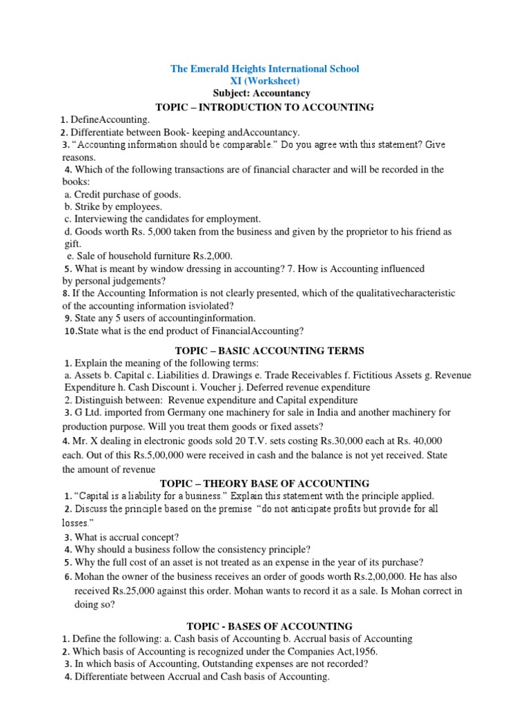 Class 11 Accountancy Worksheet | PDF | Debits And Credits | Basis Of ...