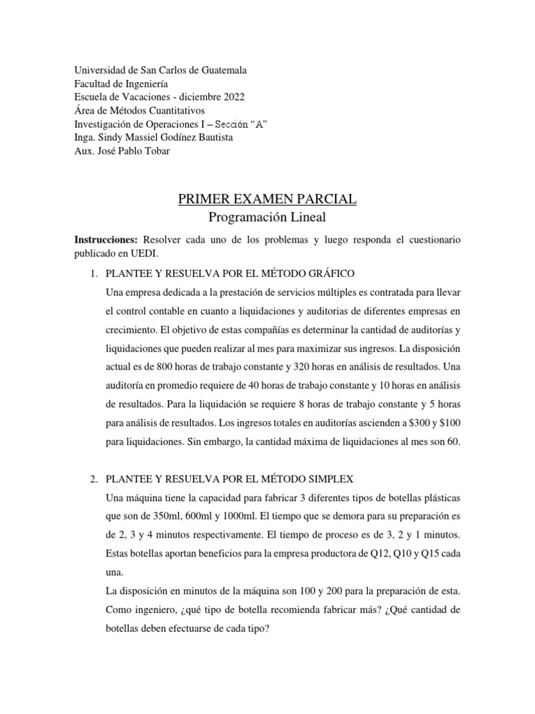 Examen Parcial de Programación Lineal | PDF | Crecimiento personal y ...