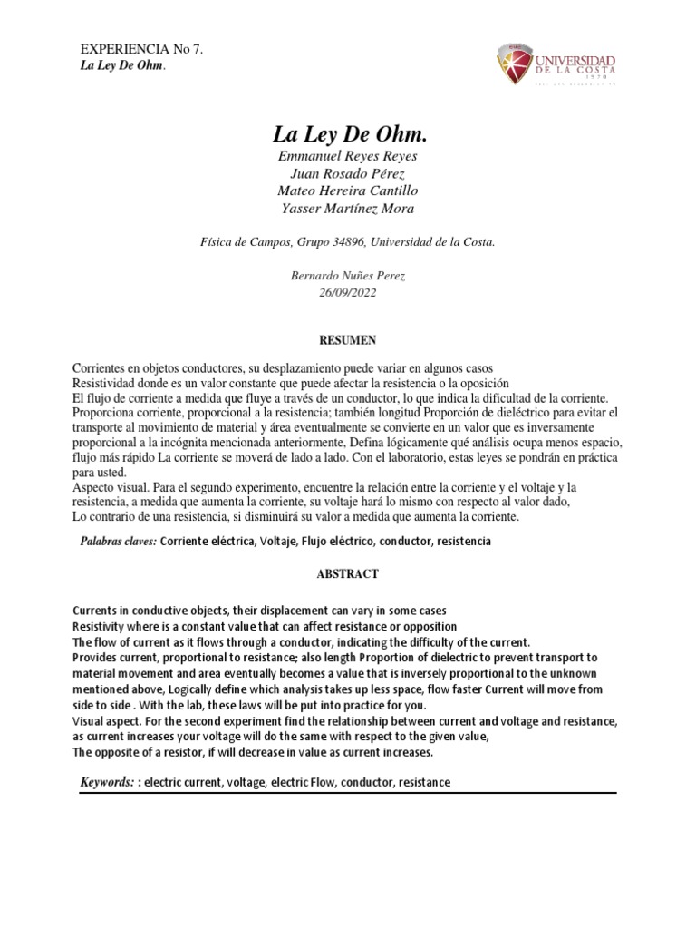 Ley de Ohm: Experimentos y Análisis | PDF | Corriente eléctrica ...