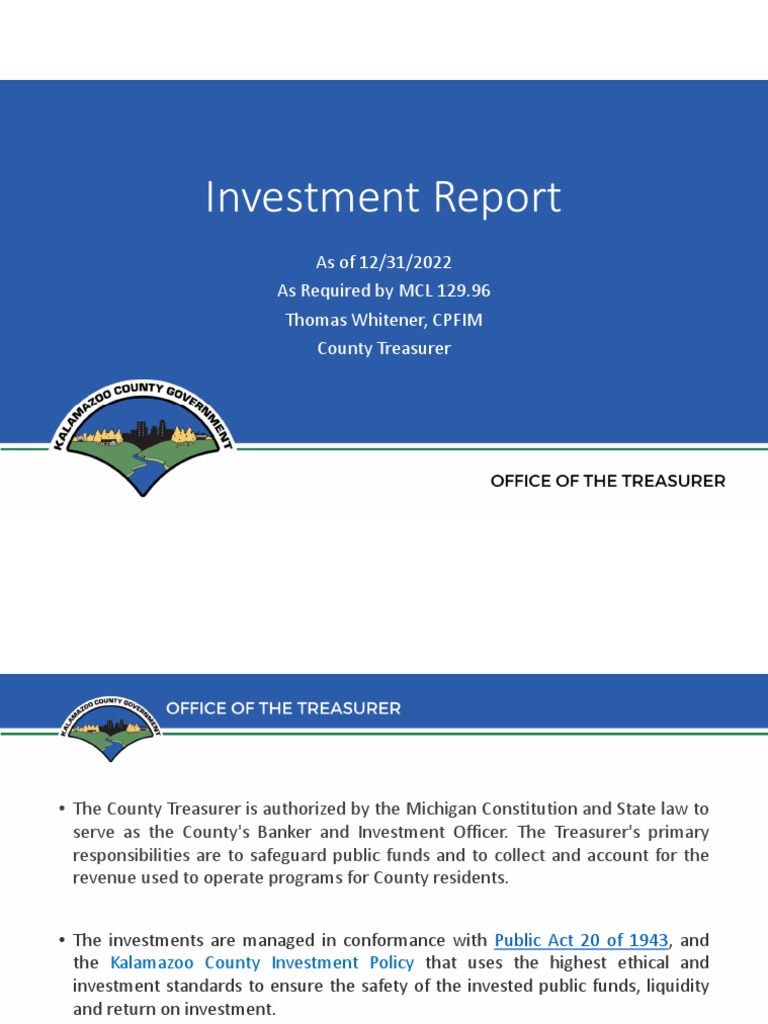 Kalamazoo County Treasurer Investment Report PDF Investing Market