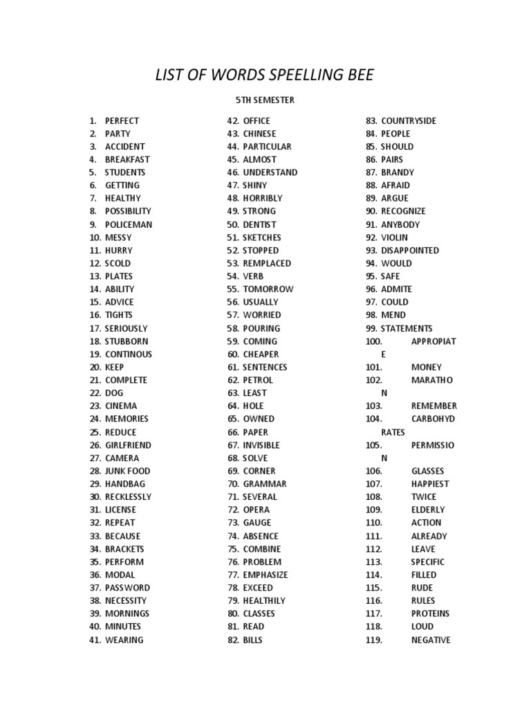 Spelling Bee List 5TH Semester PDF Linguistic Typology Languages