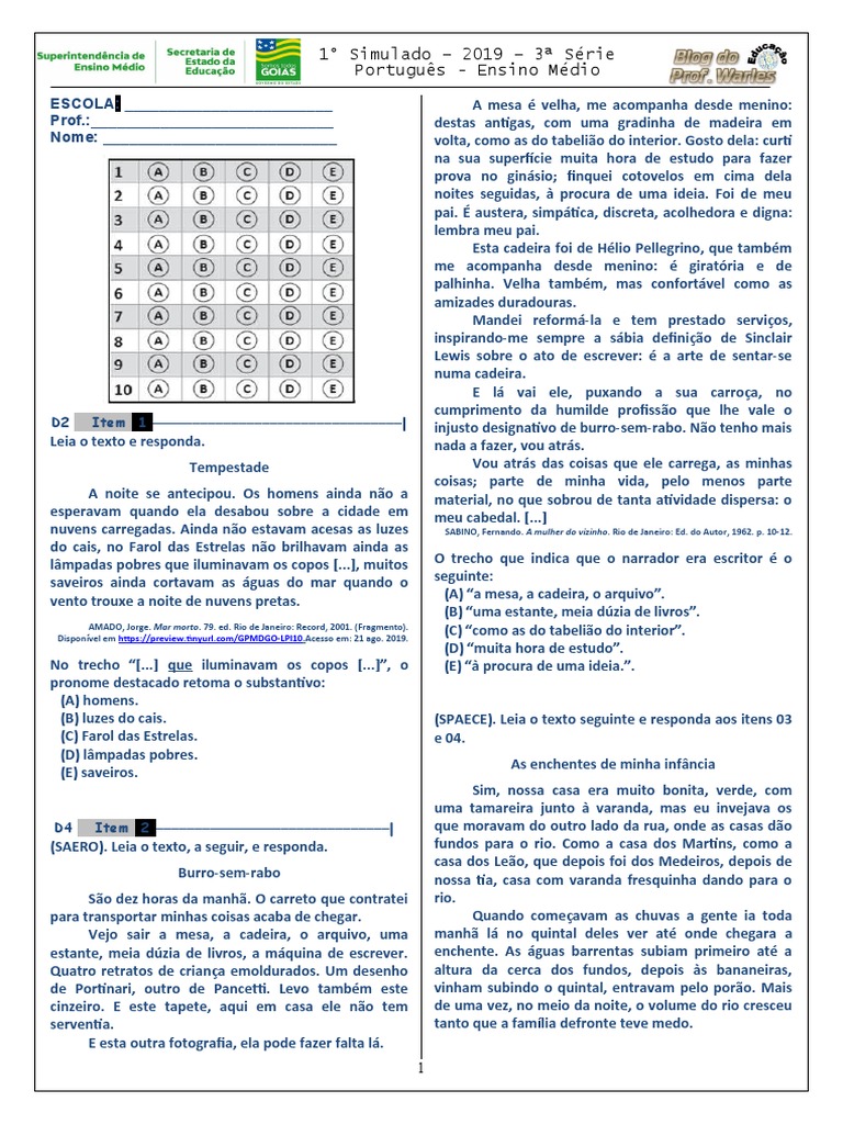 Simulado de Português do Ensino Médio com questões sobre textos ...