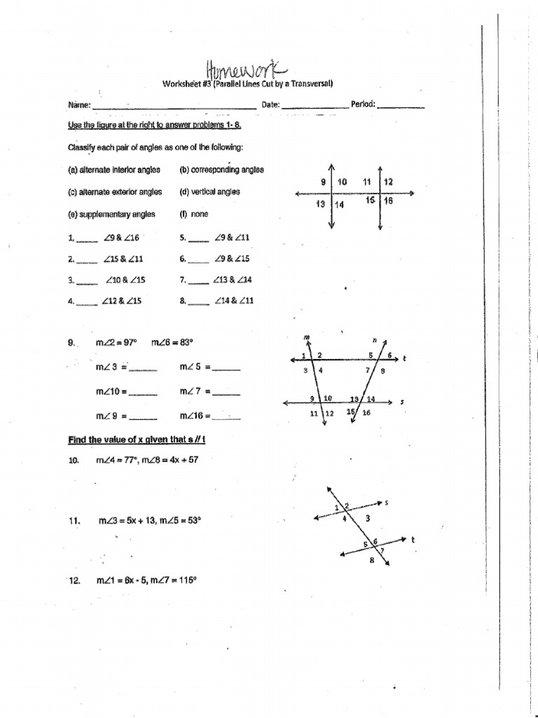 Transversals and Angles HW PDF