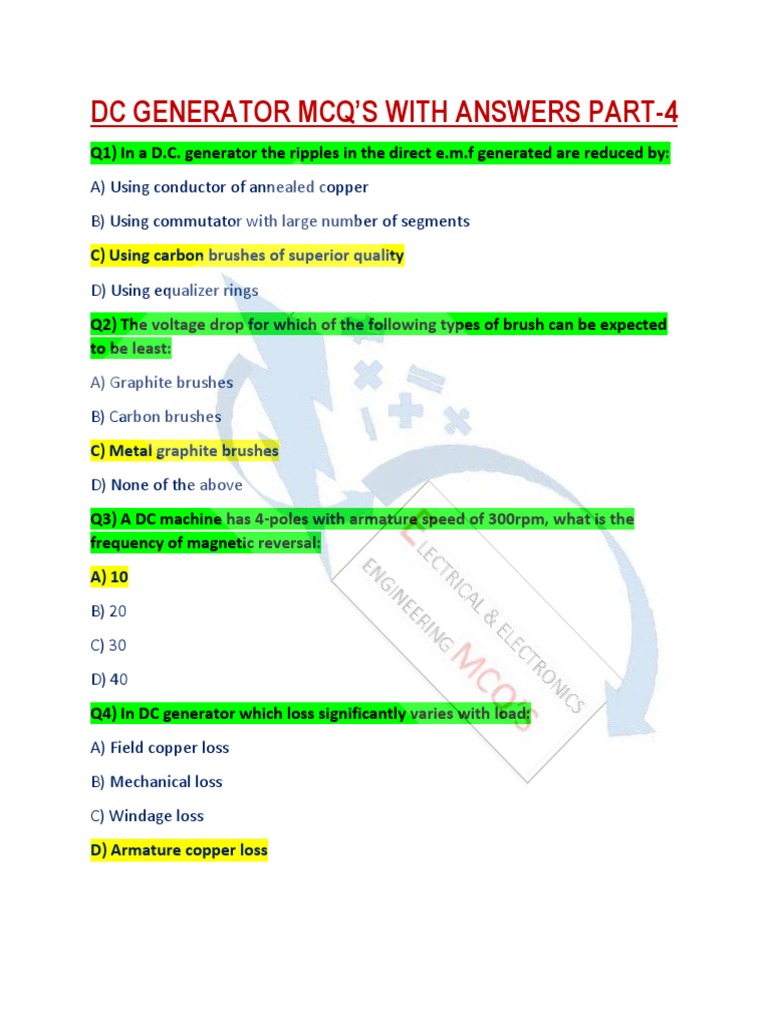 DC Generator MCQ p4 Watermark PDF Electric Generator Electrical