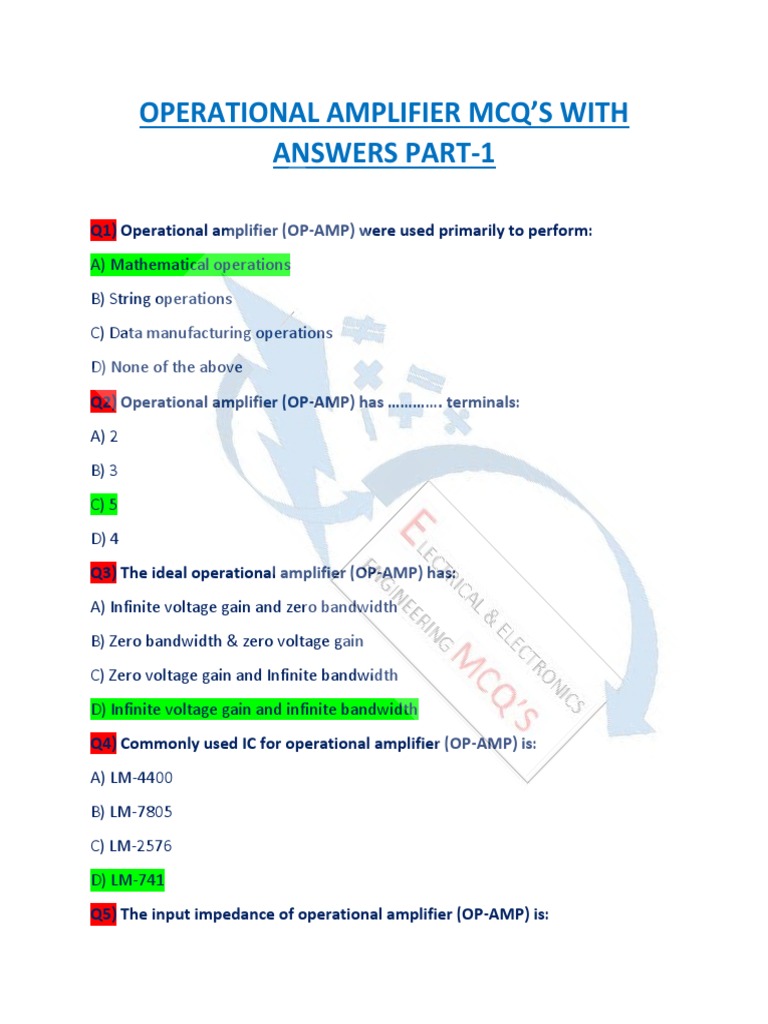 Operationl Amplifier MCQ P1 Watermark PDF Operational Amplifier
