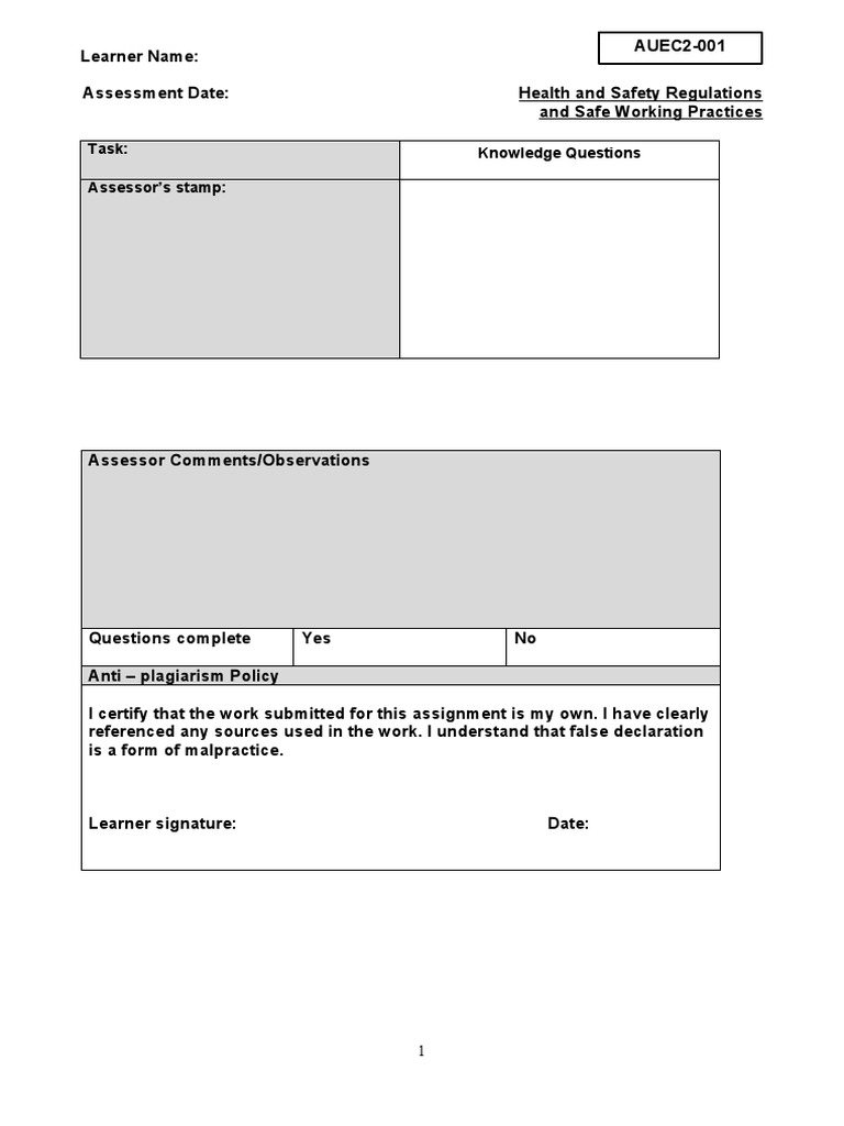 1.1 Health and Safety Knowledge Questions PDF Occupational Safety