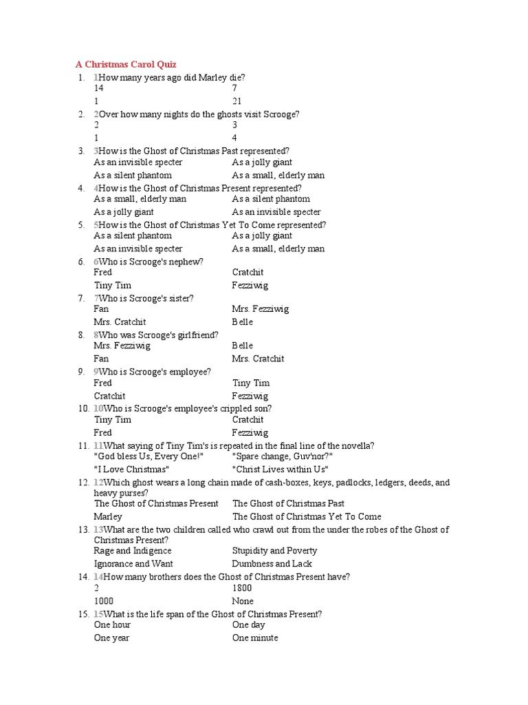 A Christmas Carol Quiz | PDF | Ebenezer Scrooge | Tiny Tim (A Christmas ...