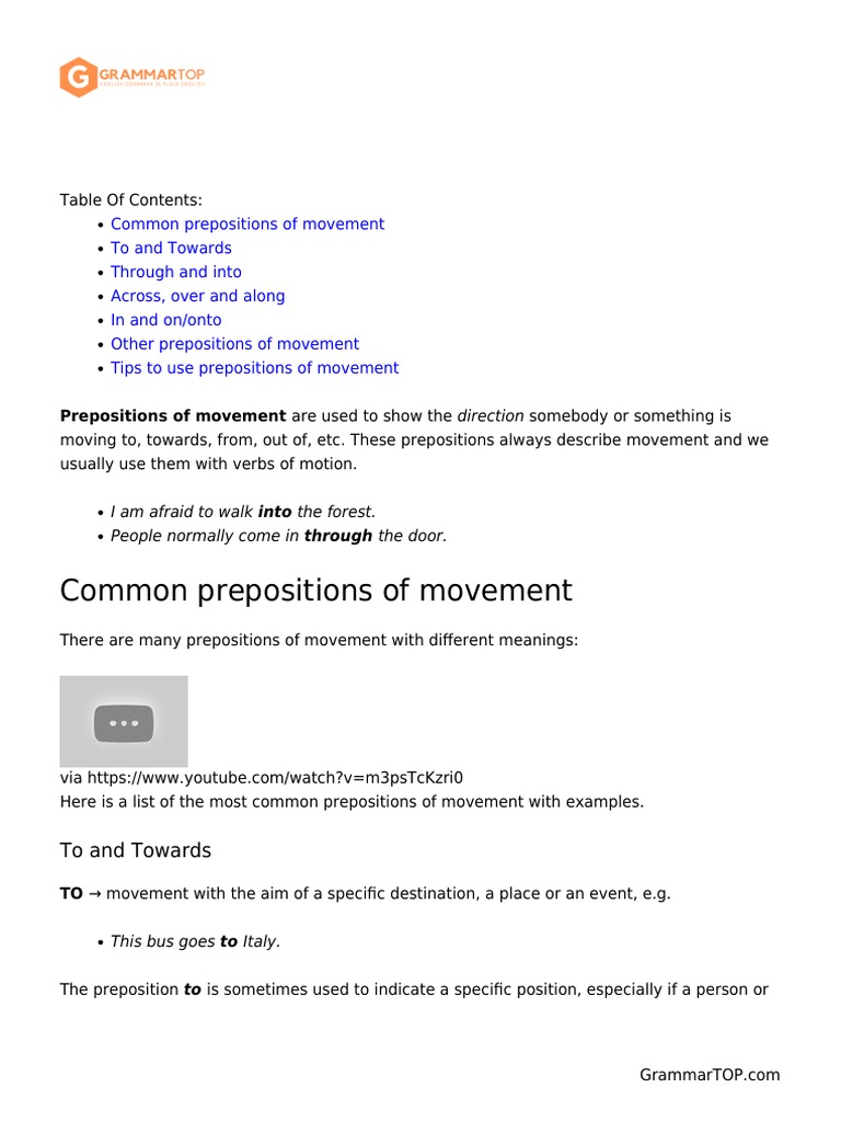 Prepositions of Movement Explained | PDF | Preposition And Postposition ...