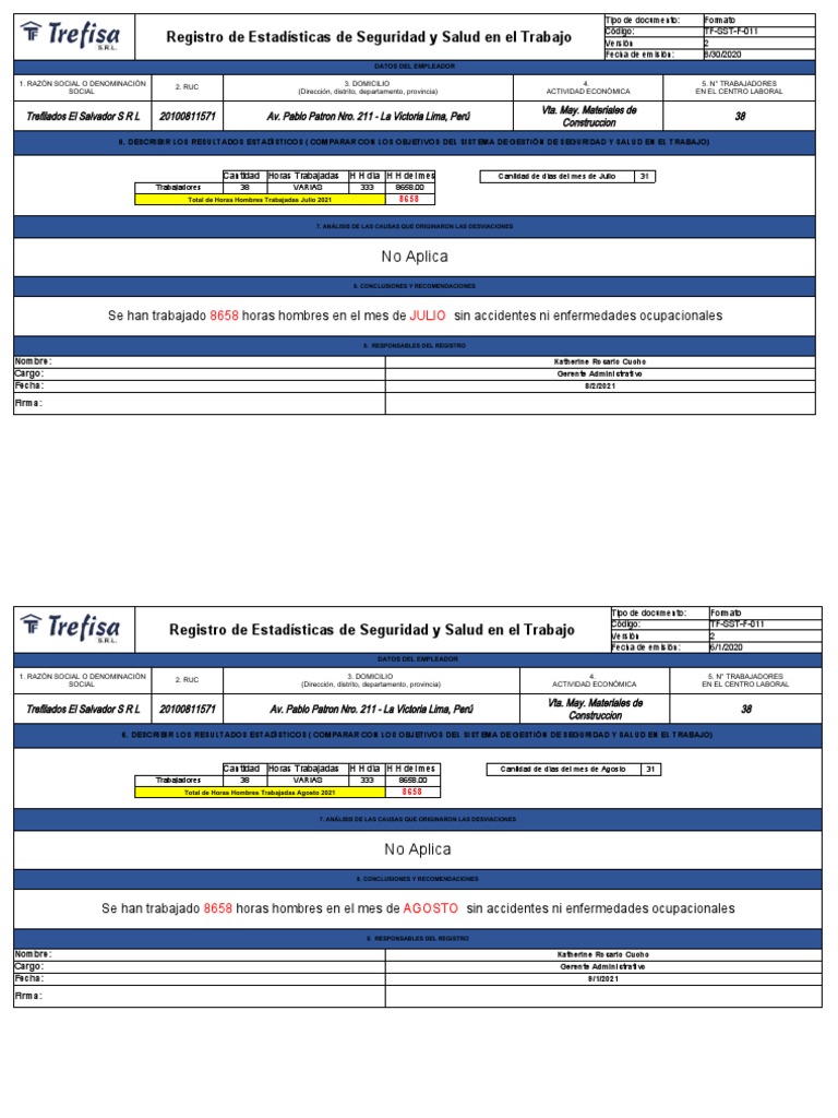 4 TF SST F 011 Registro de Estadísticas de SST 01-NOVIEMBRE 2022 | PDF ...