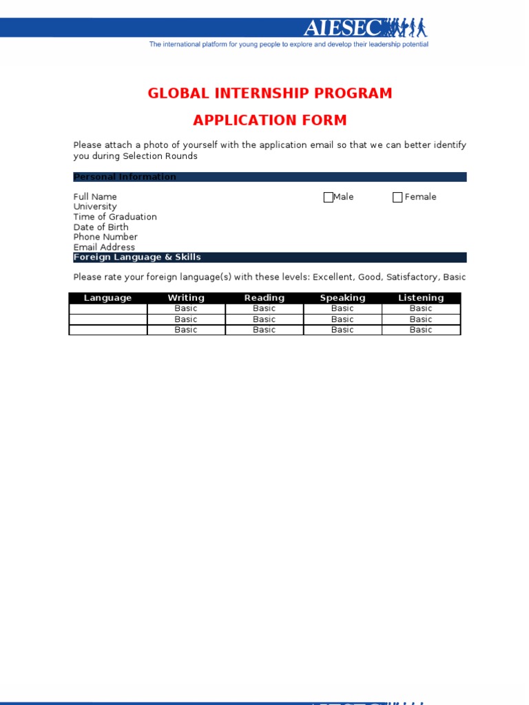 AIESEC Global Internship Application Form | PDF