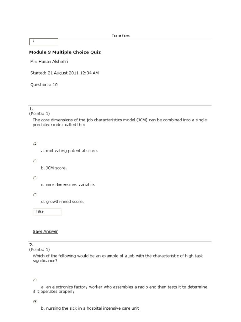 Job Characteristics Model Quiz | PDF | Motivation | Motivational